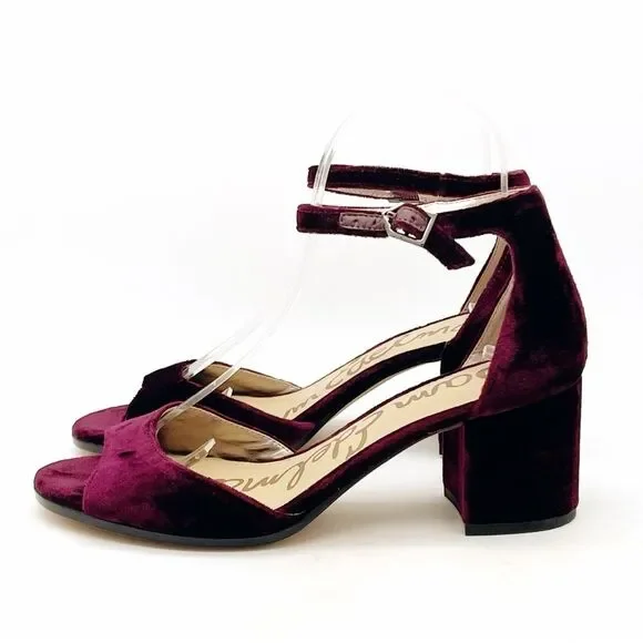 Sam Edelman Susie Velvet Block Heel Ankle Strap Sandals Burgundy Maroon Size 6.5 - Picture 1 of 13
